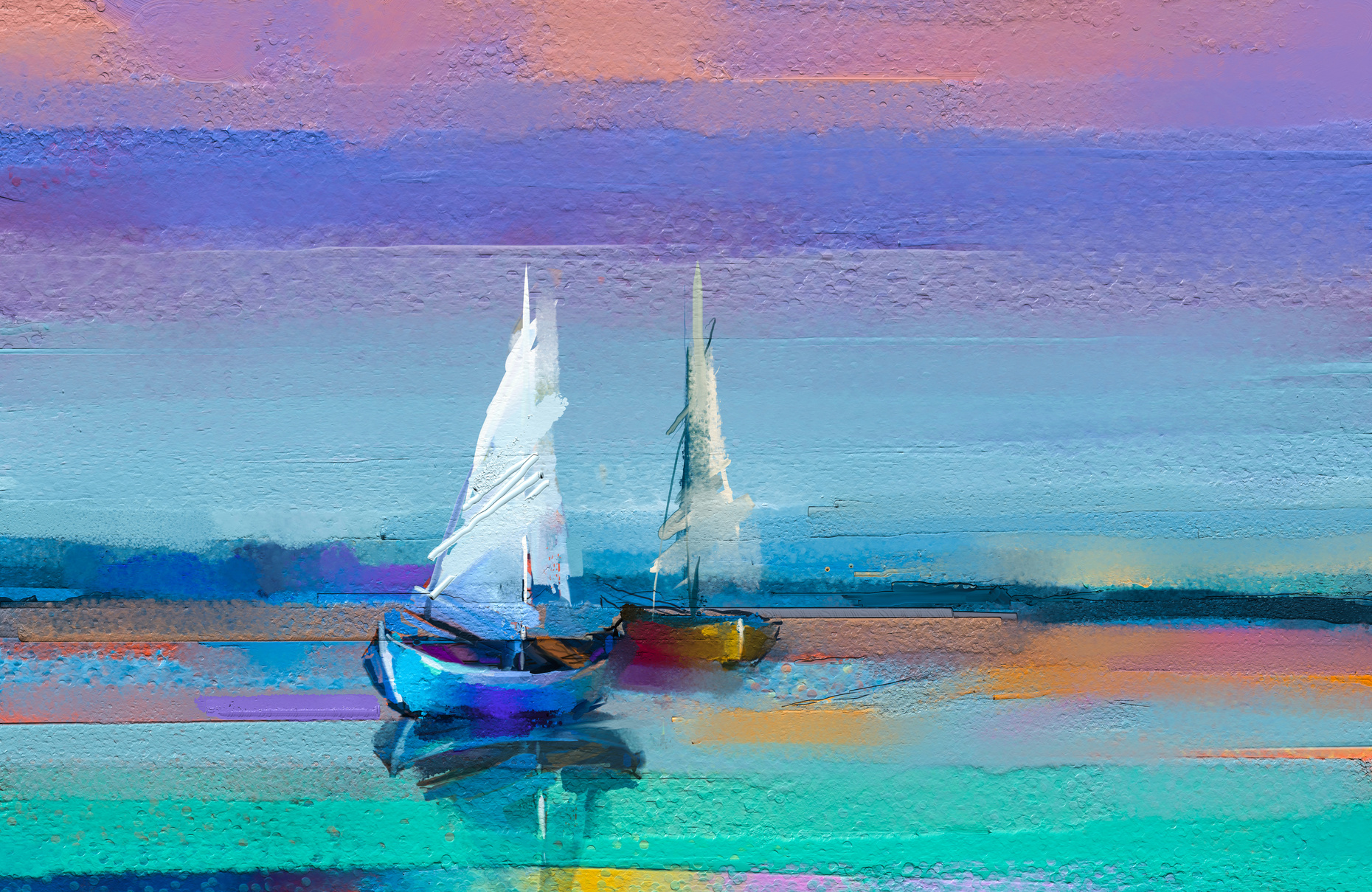 Impressionism image of seascape paintings with sunlight background. Modern art oil paintings with boat, sail on sea.